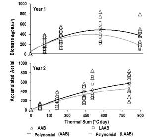 Relationship between the accumulated aerial biomass (AAB) and the live aerial
biomass (LAAB) (kgDM.ha-1) of the pasture
and the thermal sum (°C day) per year
