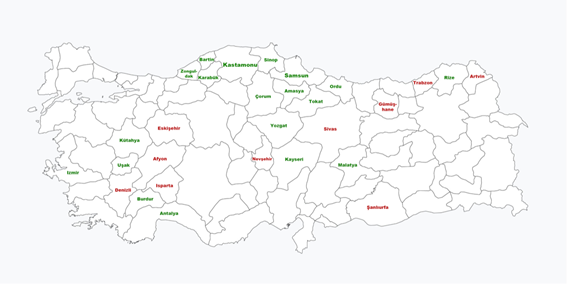 Traditional hempproducing regions in Turkey Provinces where hemp cultivation for fiber and seed are presently allowed are indicated in green Provinces where hemp was traditionally grown but cultivation is no longer allowed are indicated in red Kastamonu and Samsun provinces were the only remaining regions of hemp fiber production in 2020
