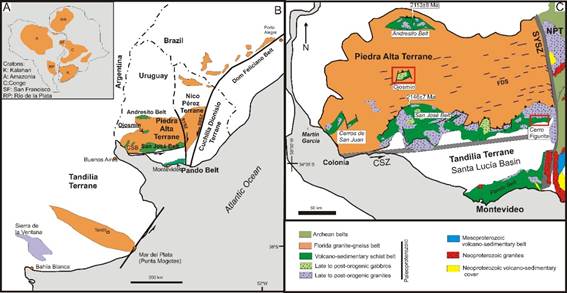 A: Location of the Río de la Plata Craton. B: and C: Piedra Alta Terrane in
Uruguay Bossi and Cingolani(3).
CSZ: Colonia Shear Zone, NPT: Nico Pérez Terrane, FDS: Florida Dike Swarm,
SYSZ: Sarandí del Yí Shear
Zone