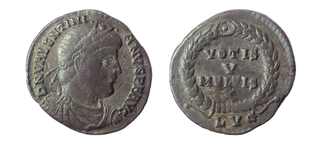 Moeda de
 Valentiniano I. Comemoração de seus cinco anos como augusto.