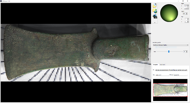Software RTI Viewer processando objeto machado de bronze