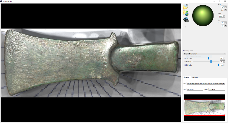 Software RTI Viewer processando objeto machado de bronze