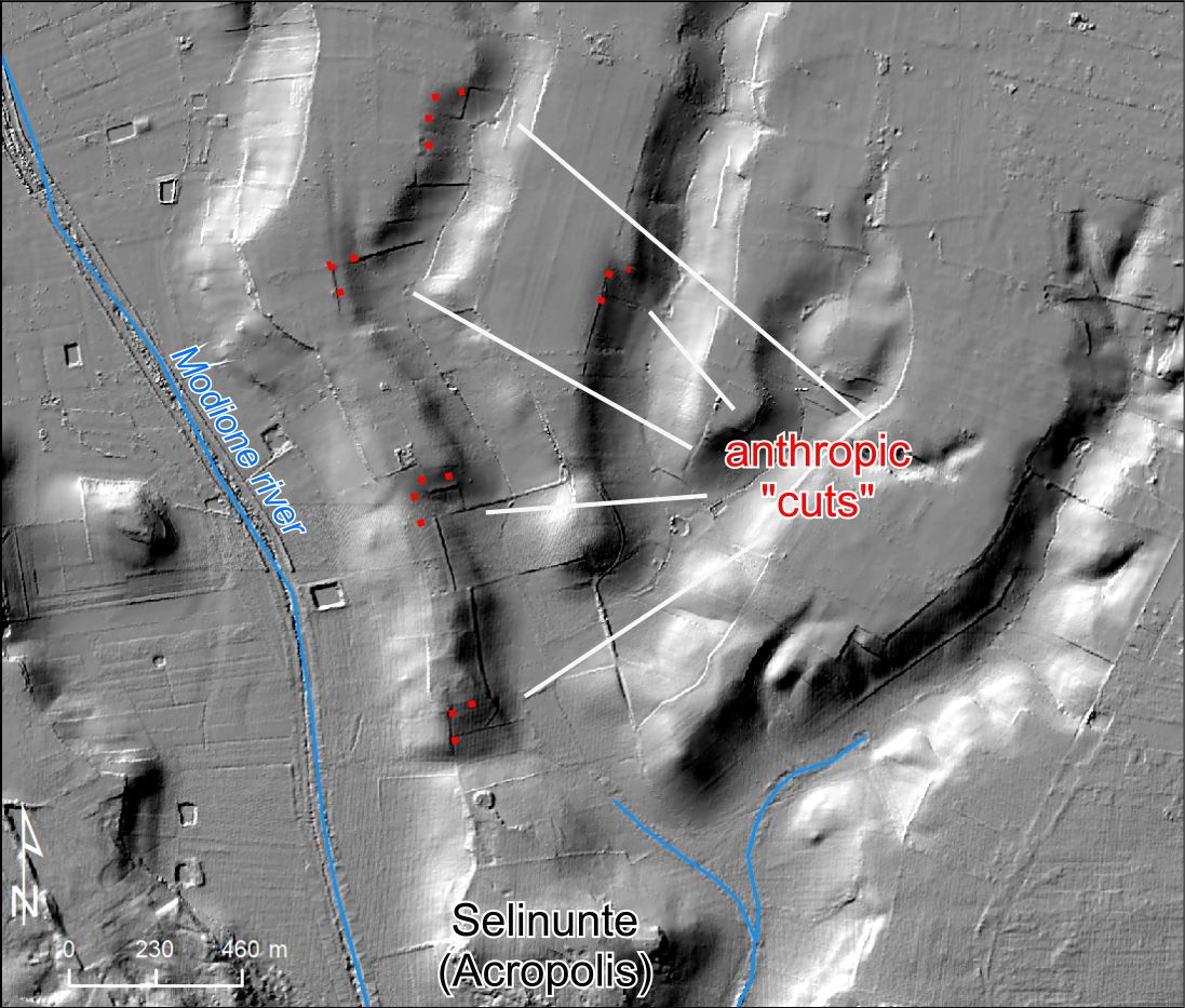 Lidar image
 (DEM) showing the traces of artificial “cuts” along two main reaches of the
 Gorgo Cottone basin.