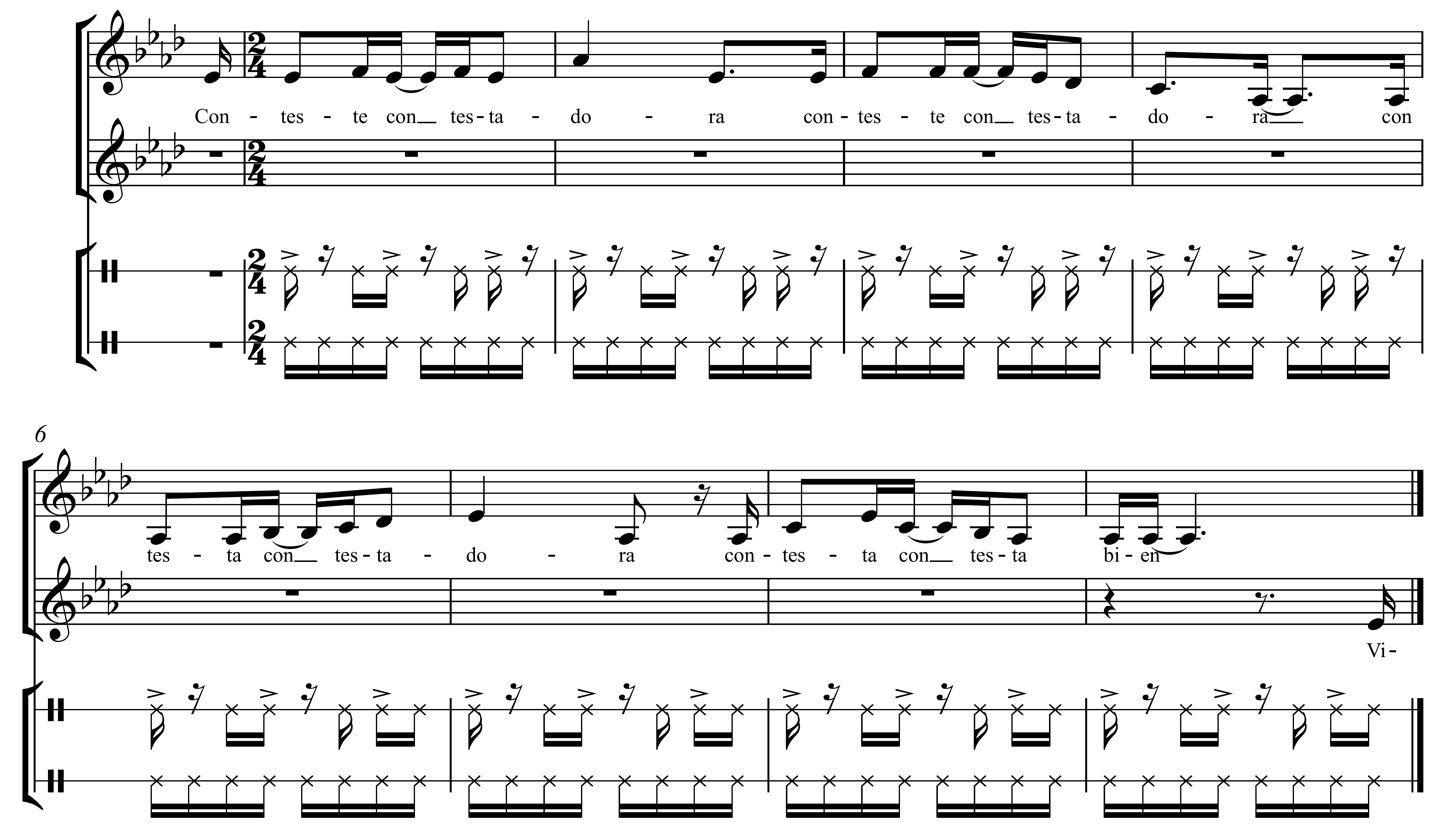 Um verso transcrito de "Viene saliendo la luna",
 mostrando as partes da voz principal, do coro, de um dos
 idiofone de agitamento e de um tambor.