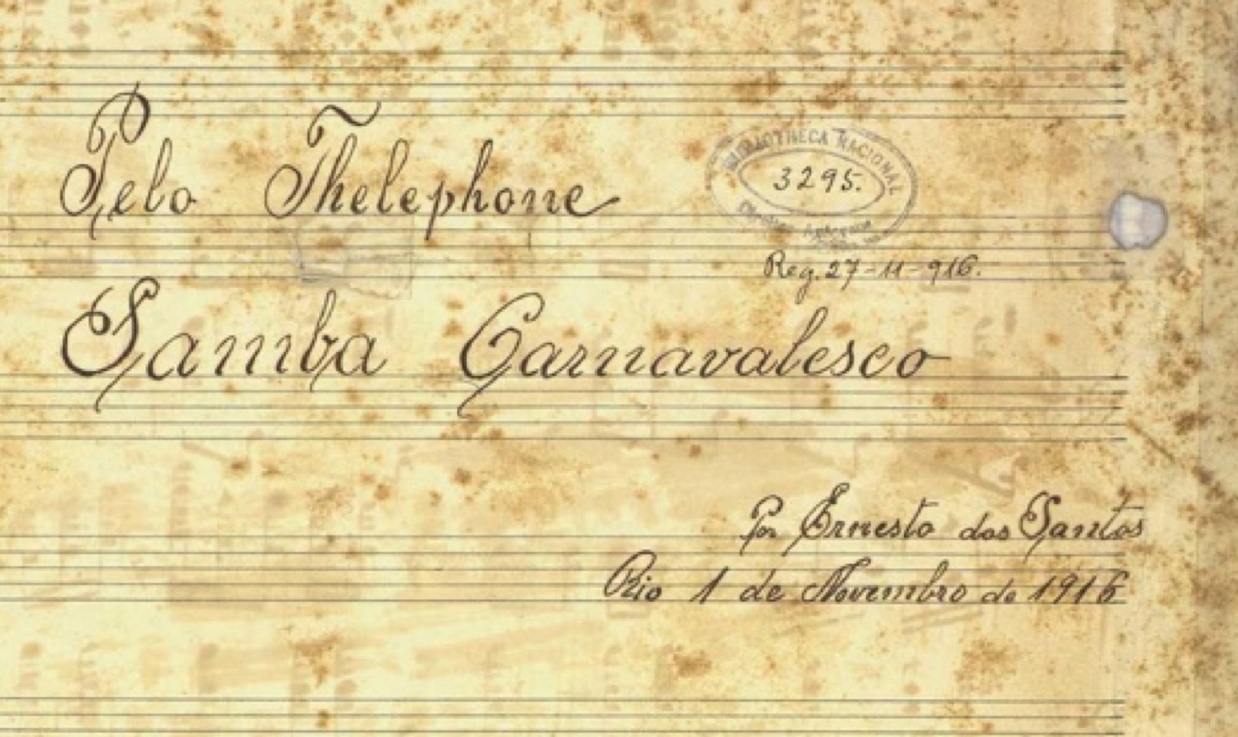 Frontispício do manuscrito depositado na Biblioteca Nacional de “Pelo Thelephone”, samba carnavalesco de Ernesto dos Santos, o Donga, a 27-11-1916. 