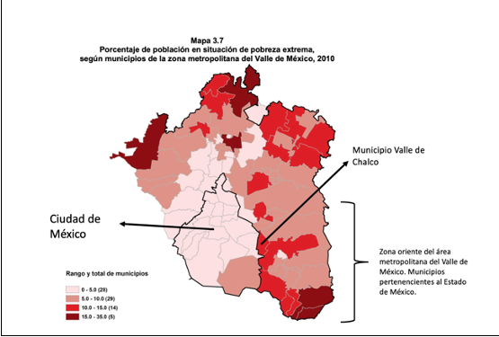 Porcentaje de población en situación de
pobreza extrema, Valle de México (2010).