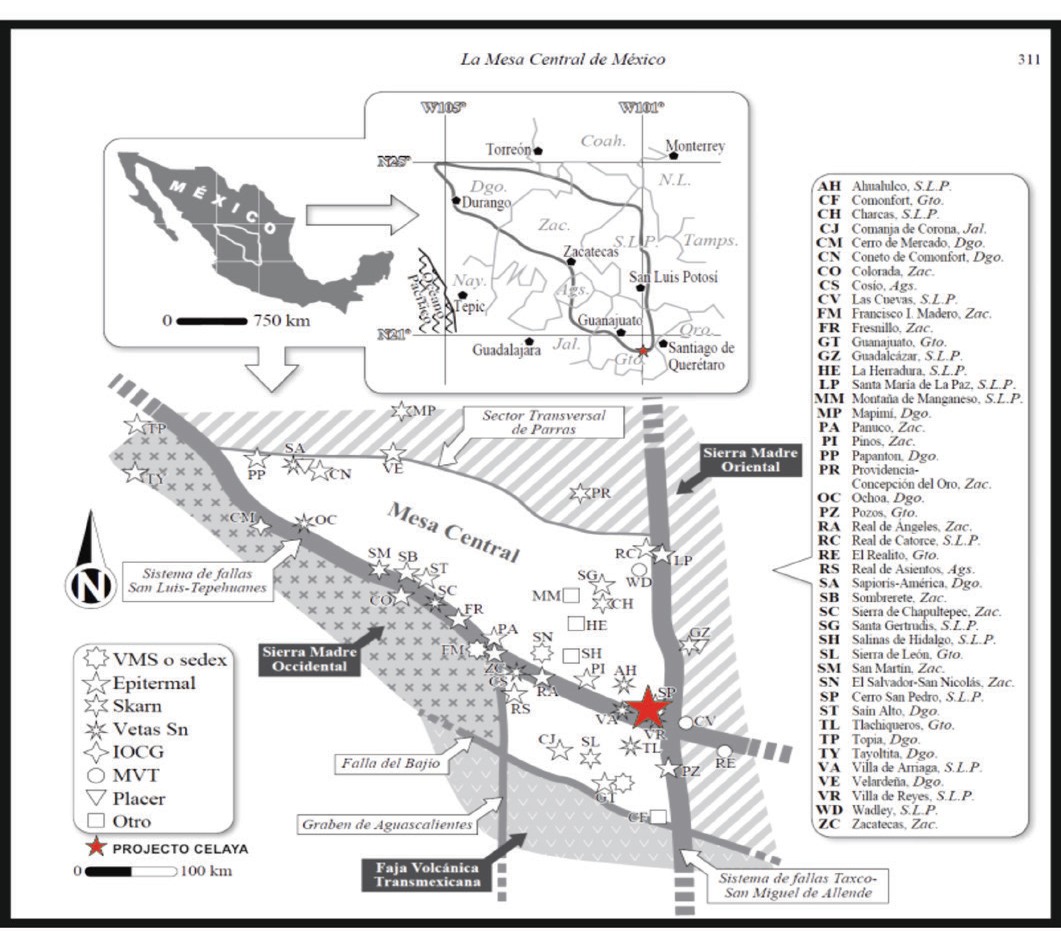 Mapa de la localización de los
principales depósitos minerales de la mesa central.