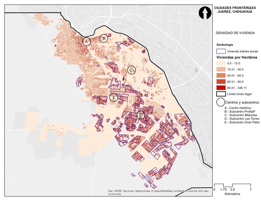 Densidad de viviendas/hectárea, vivienda de interés social y centralidades urbanas en Ciudad Juárez.