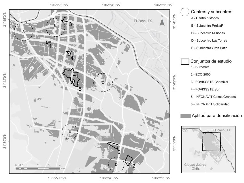 Superposición de suelos aptos para la densificación en Ciudad Juárez con los conjuntos habitacionales estudiados y las principales centralidades urbanas.