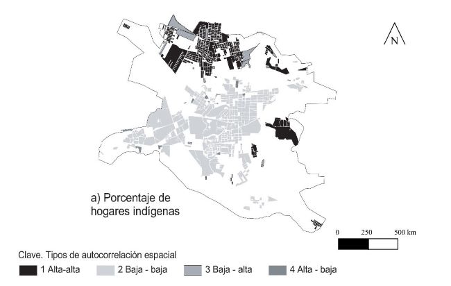 Mapa
de San Cristóbal de las Casas sobre conglomerados espaciales a partir de
indicadores locales de autocorrelación espacial por porcentaje de hogares
indígenas