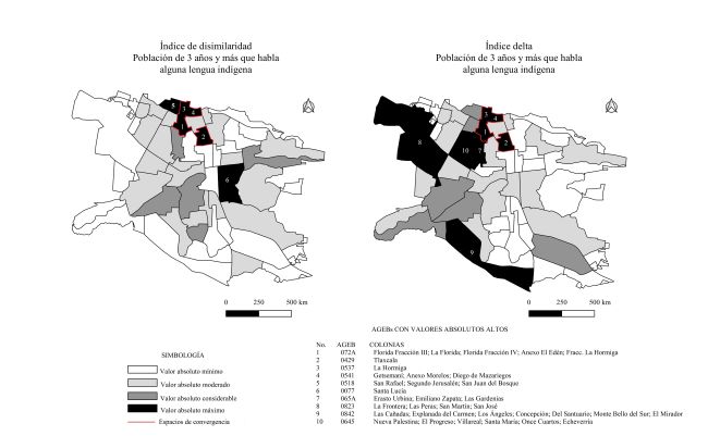 Imagen
comparativa de los resultados del cálculo del índice de disimilitud e índice
delta en población de 3 años y más que habla alguna lengua indígena en San
Cristóbal de las Casas
