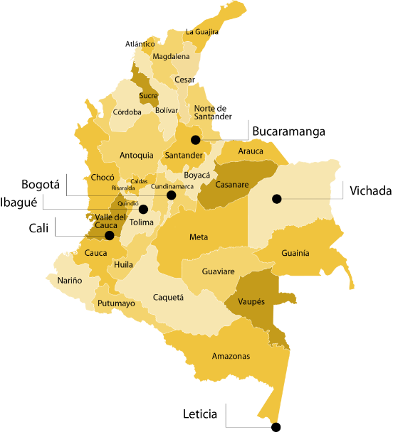 Mapa
de Colombia según Departamentos, y lugares destacados en las narrativas
