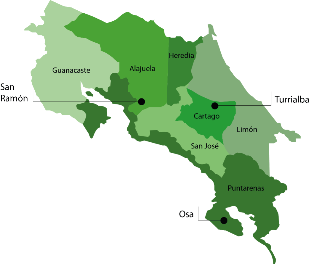 Mapa de Costa Rica por provincia, y
lugares destacados en las narrativas