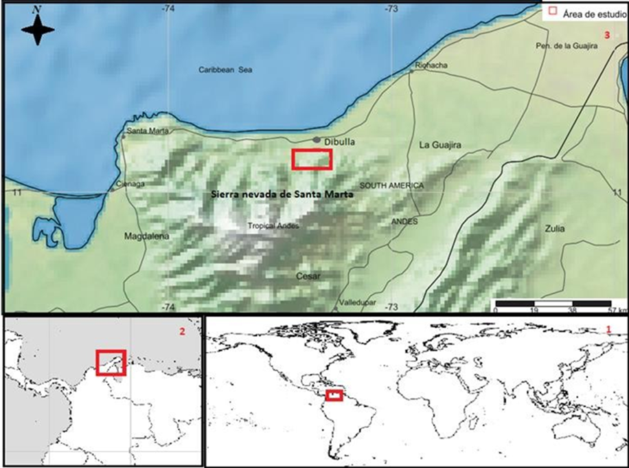 Mapa del área de estudio, estribaciones de la Sierra Nevada de Santa Marta, vereda Larga la vida, Municipio de Dibulla, La Guajira (Colombia).