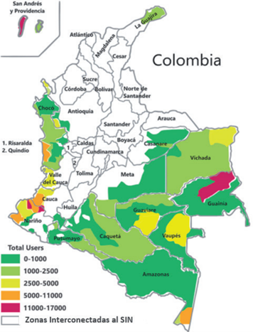 Mapa zonas no interconectadas república de Colombia.