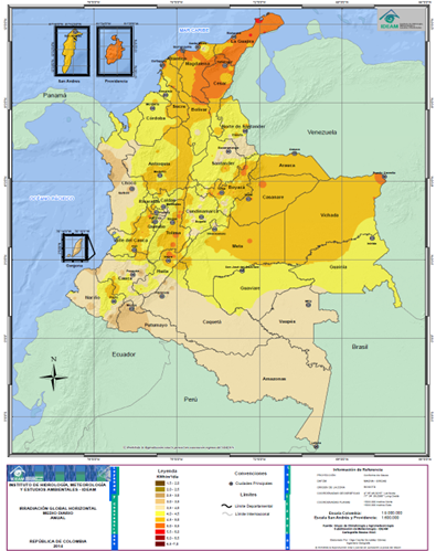 Mapa y convenciones de radiación global horizontal medio diario anual, república de Colombia.