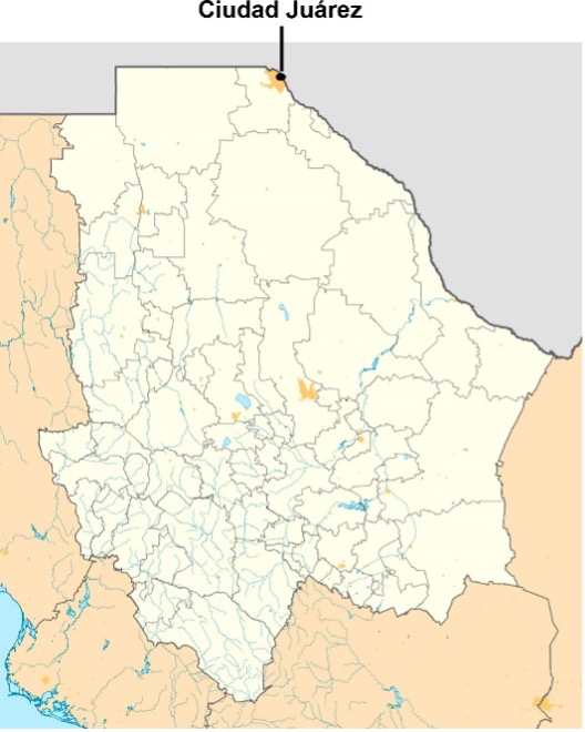Mapa
del estado de Chihuahua haciendo énfasis en el municipio de Ciudad Juárez.
