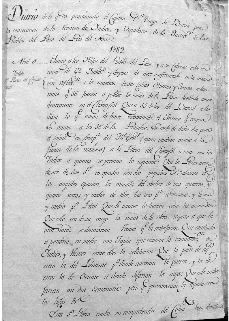 Primer folio del diario de Diego de Borica de 1782