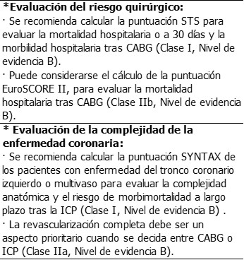 Tabla 2.  Recomendaciones sobre los criterios empleados para la elección de la estrategia de revascularización