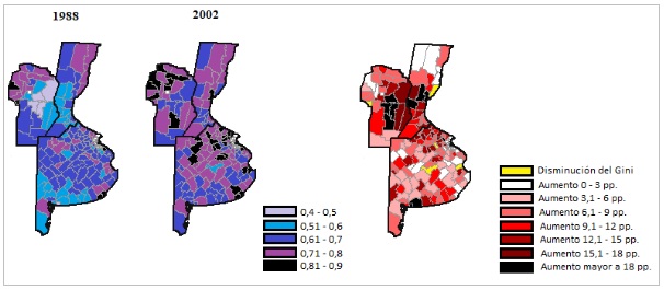 Figura 2. &Iacute;ndice de Gini de  distribuci&oacute;n de la superficie ocupada por las EAP sobre bases adecuadas y su  variaci&oacute;n, seg&uacute;n departamento/partido. 1988/2002.