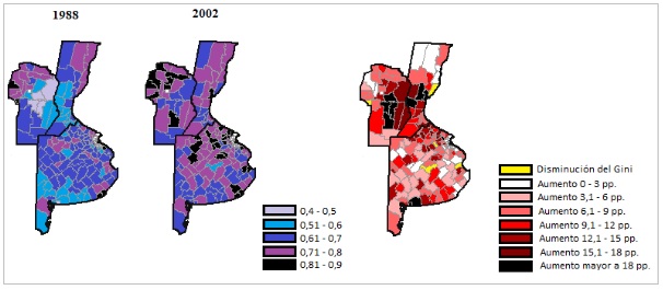 Figura 3. &Iacute;ndice de Gini de  distribuci&oacute;n de la superficie sembrada en &aacute;reas agr&iacute;colas sobre bases adecuadas y su variaci&oacute;n, seg&uacute;n departamento/partido. 1988/2002.