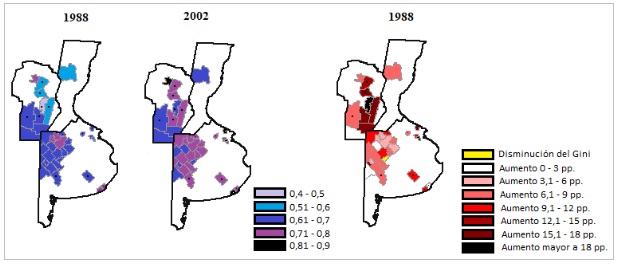 Figura 4. &Iacute;ndice de Gini de  distribuci&oacute;n del rodeo vacuno en zona  de invernada sobre bases adecuadas y  su variaci&oacute;n, seg&uacute;n departamento/partido. 1988/2002.