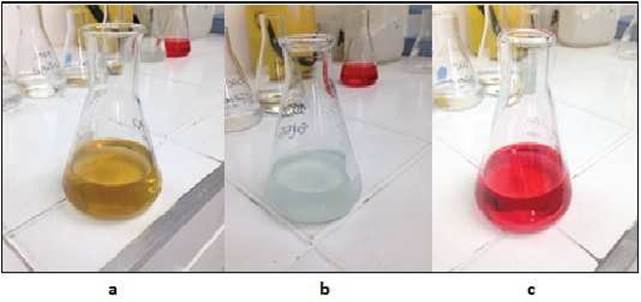 Matrices utilizadas para las mediciones experimentales. Agua residual domestica
(ARD) (a), agua residual no domestica azul-verdoso (ARnD 1) (b), agua residual
no domestica roja (ARnD 2) (c). 