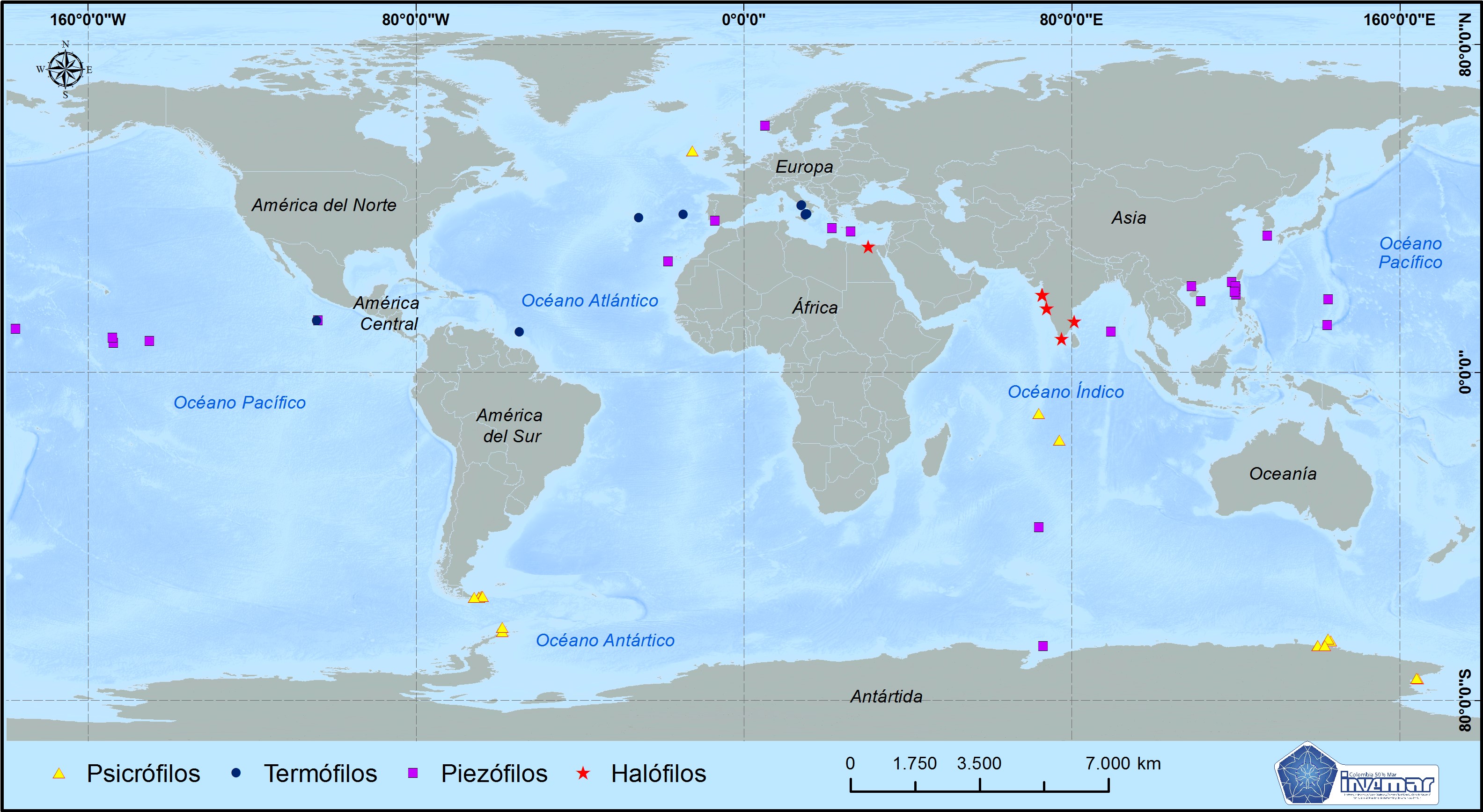 Zonas de muestreo
de extremófilos marinos durante el periódo 2000-2017.