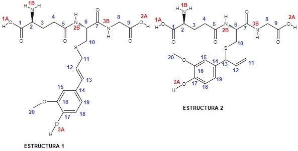 Estructuras químicas de los aductos productos de la unión covalente entre el
2-metoxi-4-alilideno-2,5-ciclohexadieno-1-ona y glutatión (estructuras 1 y 2).