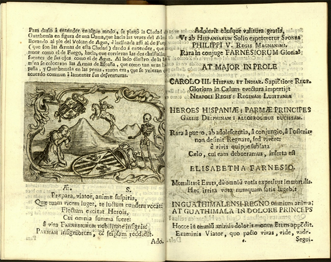 Portada
de El sentimiento del alma y llanto de la
monarquía de España en la muerte de su reina tres veces, la señora Doña Isabel
Farnesio (1768) de Miguel
Fernández de Córdova. Real Biblioteca de España. Copyright © Patrimonio
Nacional.