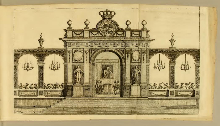 Arquitectura efímera en
el palacio de la Real Audiencia. C. Cadena. 1793. Breve relación de la solemnidad y augusta pompa con que se recibió en
la capital del reino de Guatemala el real sello de nuestro reinante católico
monarca el señor Carlos IV. Guatemala: Imprenta de
Ignacio Beteta. Biblioteca Nacional de Chile, Sala Medina.