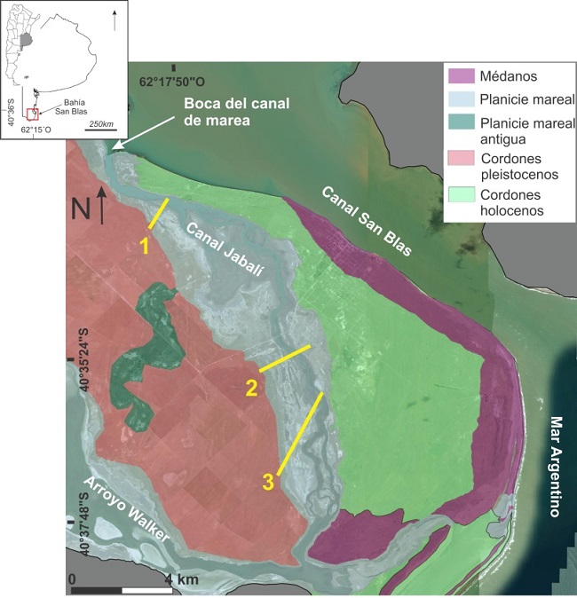 Ubicación del área de estudio, mapa geomorfológico y ubicación de
    las transectas de muestreo (indicadas en líneas amarillas)