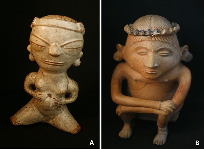 A. Estatueta Tapajônica com representação feminina,
proveniência desconhecida, mas provavelmente cidade de Santarém, Pará, CE
1300-1600, acervo do Museu de Arqueologia e Etnologia, Universidade de São
Paulo (Maurício de Paiva) e B. Estatueta
Tapajônica com representação masculina, proveniência desconhecida, mas provavelmente
cidade de Santarém, Pará, CE 1300-1600, acervo do Museu de Arqueologia e
Etnologia, Universidade de São Paulo (Maurício de Paiva).