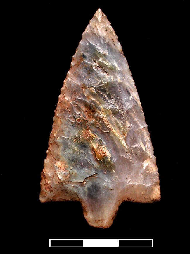 Ponta de projétil
bi-facial confeccionada em calcedônia e datadas em cerca de 6.500 anos
BCE, sítio Dona Stella, Iranduba, Amazônia Central (Wagner Souza e Silva).