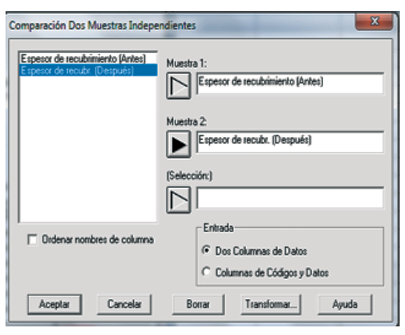Fig. 4. Ventana de diseño de la comparación entre los valores de espesor de recubrimiento.
