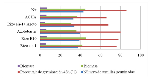 Figura
2. Comparación de
la biomasa fresca y seca, número de semillas germinadas y el porcentaje de
germinación (%) del experimento en bandejas con frijol caupí.