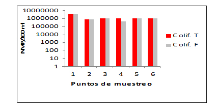 Figura 4. Comportamiento de los coliformes en los diferentes puntos.