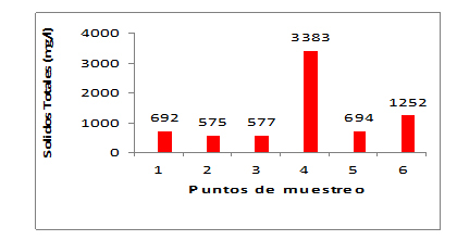 Figura 5. Comportamiento de los sólidos totales en los diferentes puntos.