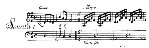 Sonata op. 5/1/I, compassos 1-4.