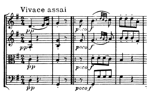 Quarteto de cordas op. 33/5/I (1782), compassos 1-4. 