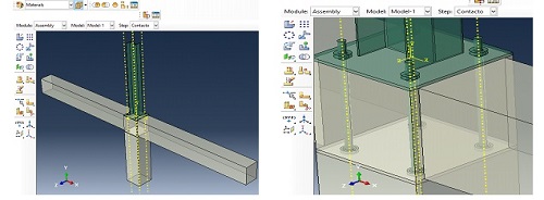 Distribution of materials in the model (Steel in green, concrete in beige).