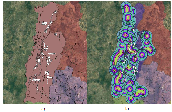 Spatial
analysis from the influence of the roads 

       a)        b)