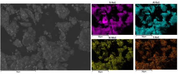 Imágenes de microscopía SEM para el nanocomposito NPs Bi2S3-HNT,
análisis EDS mapeo