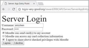 Permission granting page at the Trading Card Game server.