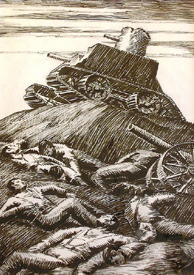 Modelo ecuestre realizado por José Bueno, 1918. Ángel Díaz Domínguez, Tanque y cadáveres, 1936-1939. 