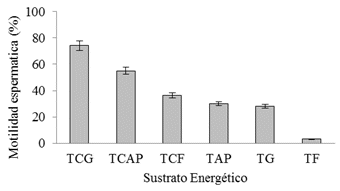 Comparaci&oacute;n del efecto de seis sustratos
energ&eacute;ticos sobre &eacute;l % de motilidad esperm&aacute;tica a 6 horas  

de conservaci&oacute;n 