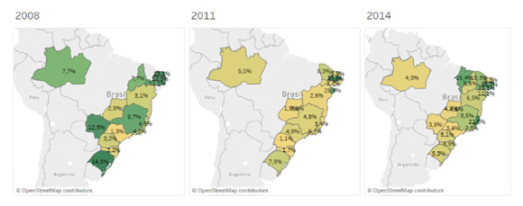Distribui&ccedil;&atilde;o de
cursos com conceito &lsquo;5&rsquo; por estado federativo