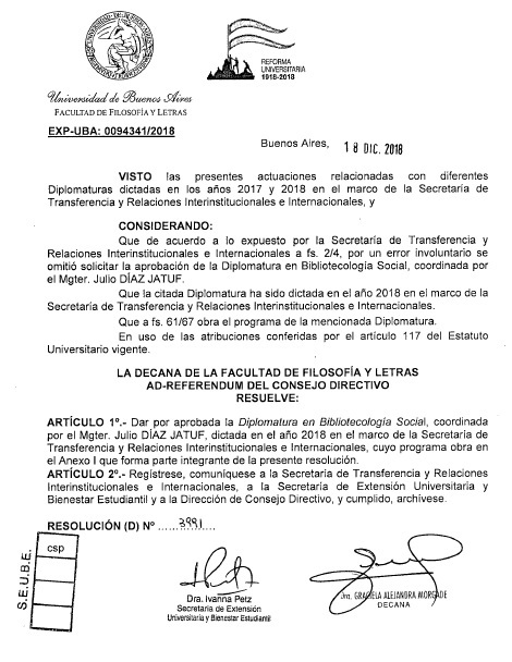 Fig 2. Resoluci&oacute;n n&ordm; CD FFyL/UBA 3991/18
&ndash; Aprobaci&oacute;n Diplomatura