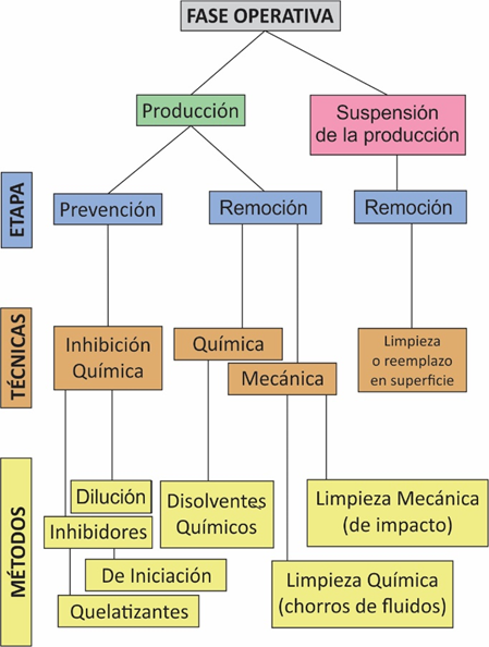 Síntesis sobre las
principales técnicas, los métodos de remoción y prevención de incrustaciones y
su relación con la fase operativa del pozo (modificado de Crabtreen
et al., 1999).