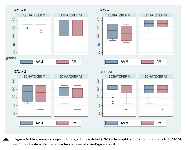 Diagramas de cajas del rango de movilidad (RM) y la amplitud máxima de movilidad (AMM), según la clasificación de la fractura y la escala analógica visual.